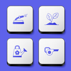 Set Garden hose, Sprout, Watering can and Leaf garden blower icon. White square button. Vector