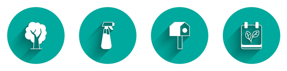 Set Tree, Garden sprayer for water, Bird house and Calendar with autumn leaves icon with long shadow. Vector