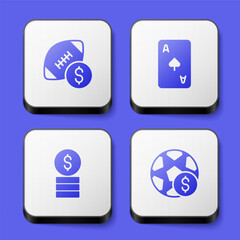 Set American football betting money, Playing card with spades symbol, Casino chip dollar and Football icon. White square button. Vector