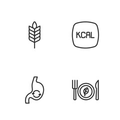 Set line Vegan food diet, Human stomach health, Wheat and Kcal icon. Vector