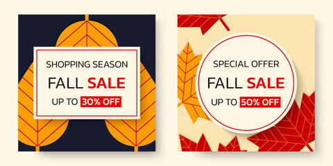 Fall sale banner set. Autumn background. Discount, price off poster with leaves. Promotion offer, flyer, card design template. Vector illustration.