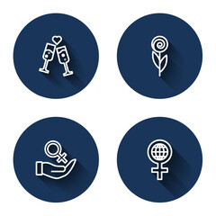 Set line Glass of champagne, Flower, Female gender symbol and International Women Day with long shadow. Blue circle button. Vector