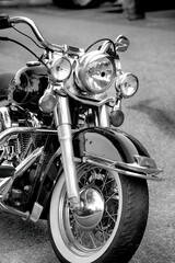 Classic Black American motorcycle parked on road. © thenikonpro