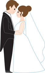 Wedding couple facing each other smiling illustration.