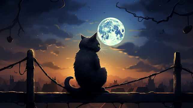 black cat sitting on a fence under a crescent moon, halloween