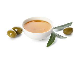 Bowl of fresh olive oil on white background