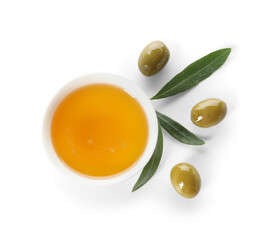 Bowl of fresh olive oil on white background