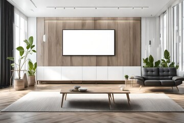 A modern TV lounge room with a white empty canvas frame for a mockup mounted above an entertainment console, harmonizing art and technology.
