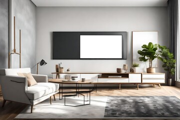 A modern TV lounge room with a white empty canvas frame for a mockup mounted above an entertainment console, harmonizing art and technology.
