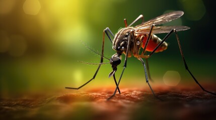 Close-up of a mosquito with blood in its abdomen. Blood-sucking insect. Carrier of dangerous diseases. Illustration for banner, poster, cover, brochure or presentation.