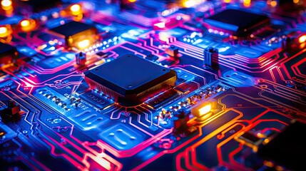 Electronic circuit board or scheme close up. The modern printed-circuit board with electronic components. Abstract technology background.  Illustration for banner, cover, brochure or presentation.