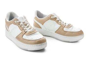 Stylish sneakers on white background