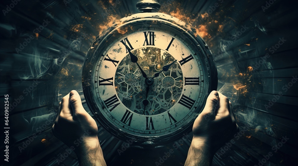 Poster concept of insomnia. hands with watch