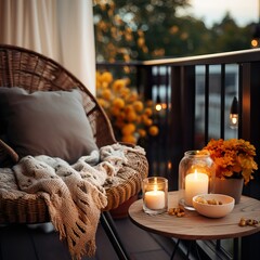 Cozy autumn balcony decor, warm fall city balcony decor with chair and pillows, pumpkins, yellow leaves and candles