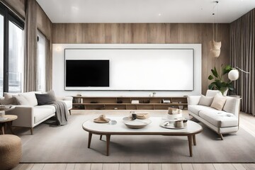 A serene TV lounge room with a pristine white canvas frame for a mockup on the wall, complementing the room's relaxed ambiance.
