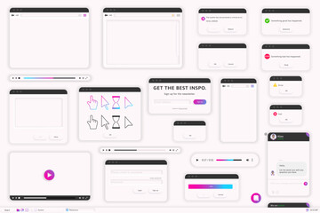Modern clay design user interface windows. Material design Web browser, video and audio player, error message and system dialog box.