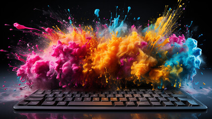 gamer keyboard coming out of color explosion, generative ai