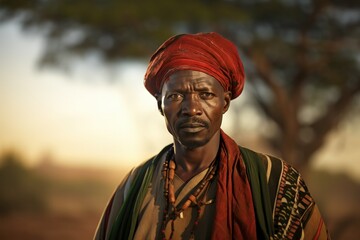 Portrait of a Fictional Traditional Black Sub-Saharan African Man in the Savannah. Generative AI.
