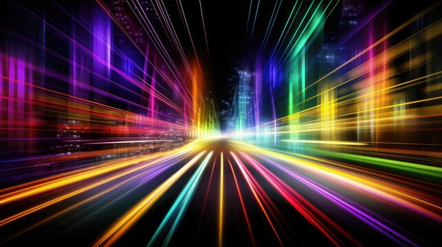 Information super highway. Neon streaming lights. Speed an motion on the road. Futuristic cityscape skyline.