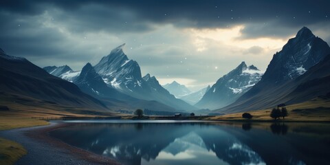 Beautiful pristine mountain landscape reflected in a still lake. Mirror reflection of national park scenery and sky.