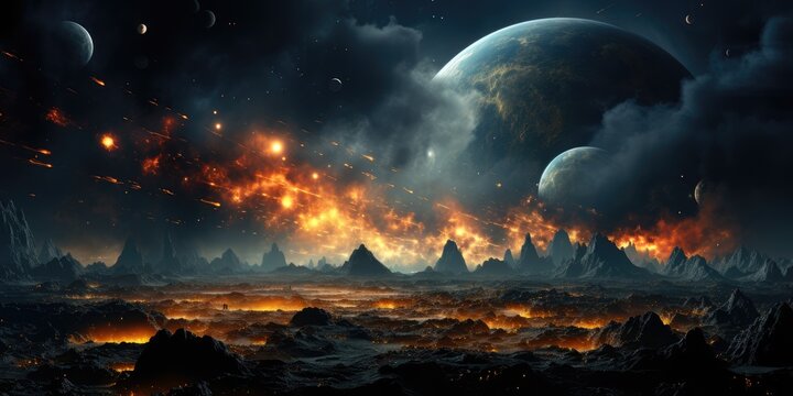 Space landscape alien planet. Exploding galaxy with meteors and clouds. Alien world horizon.