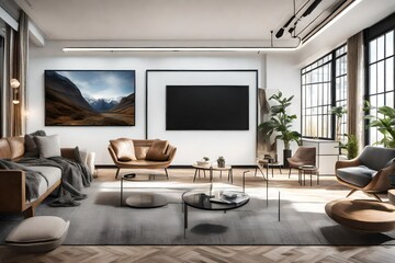 A well-appointed TV lounge room with a blank white canvas frame for a mockup, evoking a sense of creative possibility amidst entertainment.
