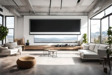 Fototapeta na wymiar An open-concept TV lounge room with panoramic windows and a white empty canvas frame for a mockup, inviting the outside world in. 
