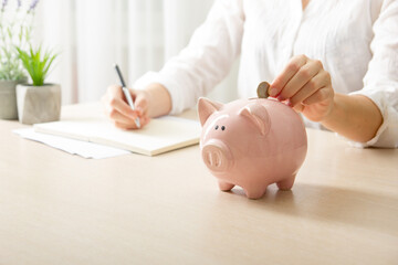 Obraz na płótnie Canvas Piggy bank and golden coin. Savings and finance concept 