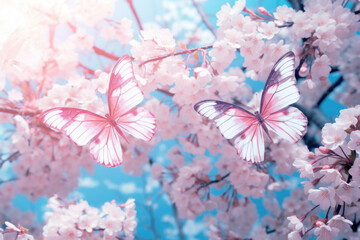 Beautiful pink butterfly gracefully flies over tree adorned with pink flowers. This vibrant and colorful image can be used to add touch of nature and elegance to various projects and designs.