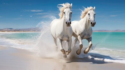 Obraz na płótnie Canvas Incredible photography of white horses running on a white sand beach, sunny morning. Generative AII