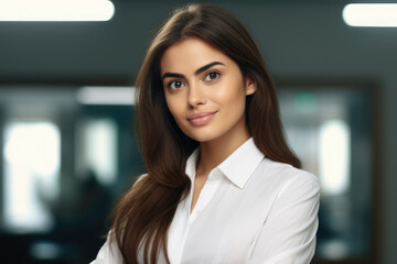 Naklejka premium Woman wearing white shirt posing for picture. This versatile image can be used for various purposes.