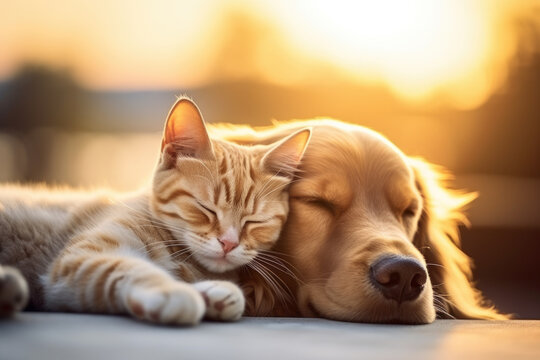 Heartwarming image of cat and dog peacefully sleeping together. This picture can be used to depict friendship, harmony, and love between different animals. Ideal for pet-related projects.