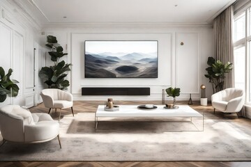 A tastefully decorated TV lounge room with a white empty canvas frame for a mockup, subtly enhancing the room's sophisticated atmosphere.
