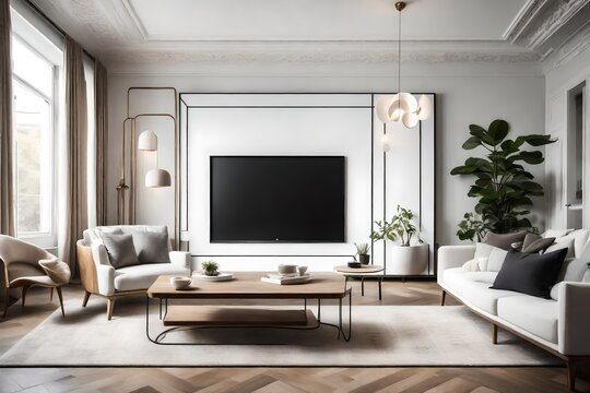 A tastefully decorated TV lounge room with a white empty canvas frame for a mockup, subtly enhancing the room's sophisticated atmosphere.
