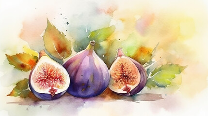 Hand drawing of fig fruits, watercolor. Generative AI