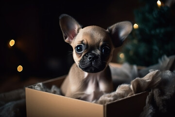 Little puppy in a gift box near a Christmas tree. Generative AI
