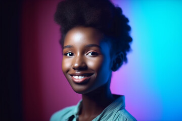 Young smiling afro-american woman on the blurred gradient holographic background. Generative AI