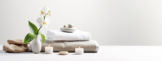 Spa setting background with a white orchid,  towels, and candles on a white surface. The towels are folded and stacked on top of each other. There are some small rocks on the surface. Plain white wall