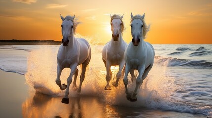 Incredible photography of white horses running on a white sand beach, sunny morning. Generative AII