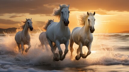 Obraz na płótnie Canvas Incredible photography of white horses running on a white sand beach, sunny morning. Generative AII