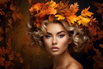 Naklejka premium Autumn woman portrait. Beautiful girl with long curly hair. Beauty, fashion.