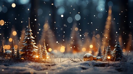 Winter forest with snow covered trees and bokeh lights. Christmas background. - obrazy, fototapety, plakaty