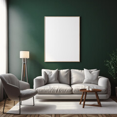 Poster Frame Mockup in Dark Green Living Room Interior, Clean Minimal Interior, Generative AI