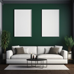 Poster Frame Mockup in Dark Green Living Room Interior, Clean Minimal Interior, Generative AI