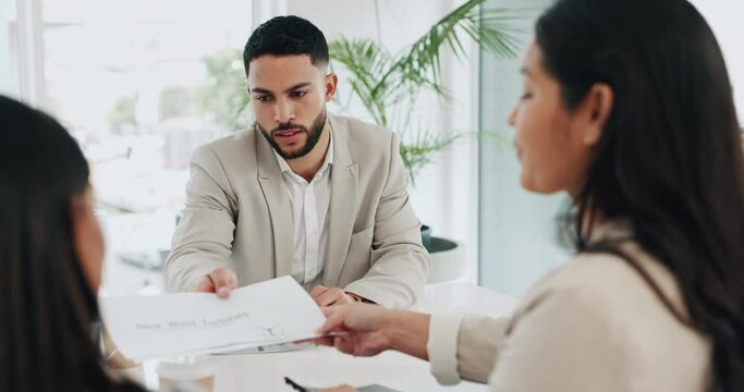 Business people, document and a team talking in meeting for corporate planning, report and collaboration. Man and women at a table in office for discussion, reading paperwork or strategy and proposal