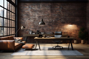 Modern Loft-Style Office Interior, Industrial Style, Brick Walls, Wood Floor, Leather Furniture, Natural Lighting, Generative AI
