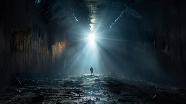 A soft glow emanates from the far end of the tunnel's depths. Glow waving like a guiding light in dark place. Only light at the end of the tunnel.