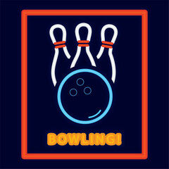 Colored bowling neon poster with bowling ball and pins Vector