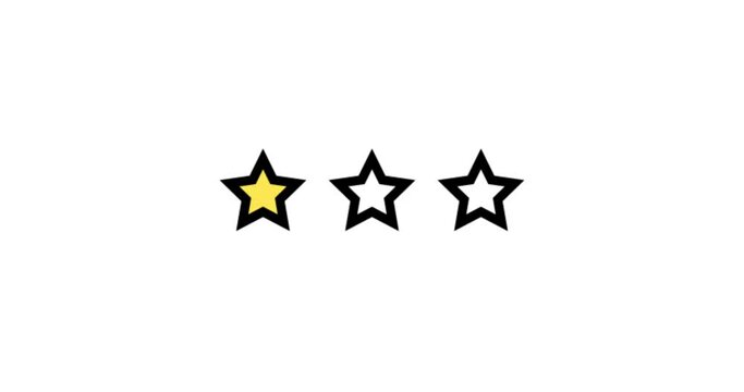 Three Stars Rating animation. Set of Stars. One Star Rating on White Background. Product Quality, Feedback, Customer review