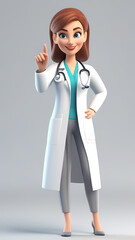 Cartoon 3D doctor character with a stethoscope pointing at something and smiling at the camera.